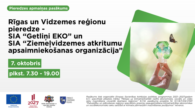 Pieredzes apmaiņas pasākuma afiša par Rīgas un Vidzemes reģionu pieredzes iepazīšanu uzņēmumos “Getliņi EKO” un “Ziemeļvidzemes atkritumu apsaimniekošanas organizācija” 7. oktobrī.