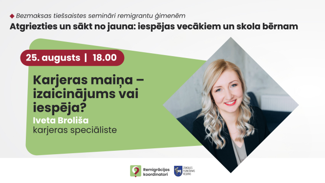 Afiša par Ivetas Brolišas bezmaksas tiešsaistes semināru “Karjeras maiņa – izaicinājums vai iespēja?” 25. augustā plkst. 18.00.