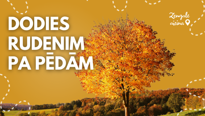 Rudens ainava ar koši oranžu lapu koku un mežainiem pakalniem fonā. Uz attēla redzams uzraksts “Dodies rudenim pa pēdām” un “Zemgale aicina” logo.