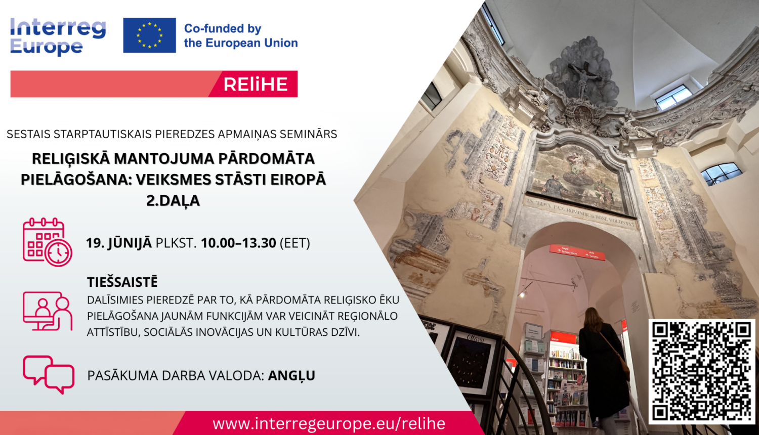 Vizuāls attēls ar informāciju par semināra "Reliģiskā mantojuma pārdomāta pielāgošana" norisi
