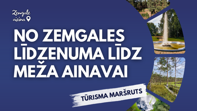 Vizuālis par tūrisma maršrutu ‘No Zemgales līdzenuma līdz meža ainavai’ ar Zemgales dabas objektu attēliem.