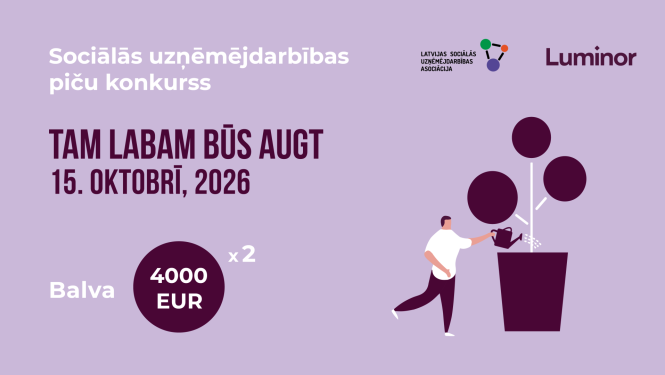 Sociālās uzņēmējdarbības piču konkursa “Tam labam būs augt” afiša. Konkurss notiks 2026. gada 15. oktobrī, un paredzētas divas balvas 4000 eiro apmērā. Attēlā redzami Latvijas Sociālās uzņēmējdarbības asociācijas un Luminor logotipi un ilustrācija ar cilvēku, kas laista augošu koku.