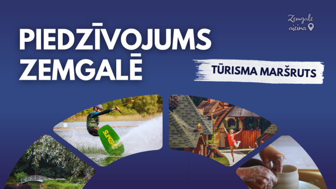 Titullapa tūrisma maršrutam ‘Piedzīvojums Zemgalē’ ar kolāžu, kurā attēlots veikbords, atpūtas komplekss, keramika un dabas ainava. Centrā teksts: ‘Piedzīvojums Zemgalē – Tūrisma maršruts’