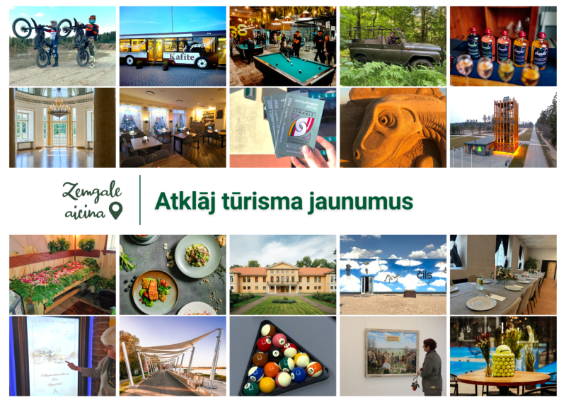 “Kolāža ar Zemgales tūrisma jaunumiem un uzrakstu ‘Atklāj tūrisma jaunumus’. Attēlos redzami dažādi tūrisma objekti, aktivitātes un vietas Zemgalē – restorāni un kafejnīcas, muižas, promenāde, biljards, smilšu skulptūra, skatu tornis, digitālais spogulis, tūrisma akcijas materiāli, bezceļu transports un elektriskie motocikli.”