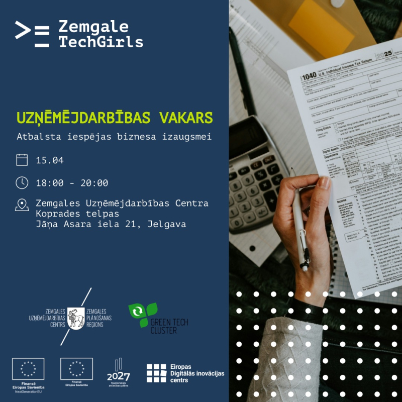 Afiša pasākuma "Uzņēmējdarbības vakars", kas norisināsies 15. aprīlī Jelgavā