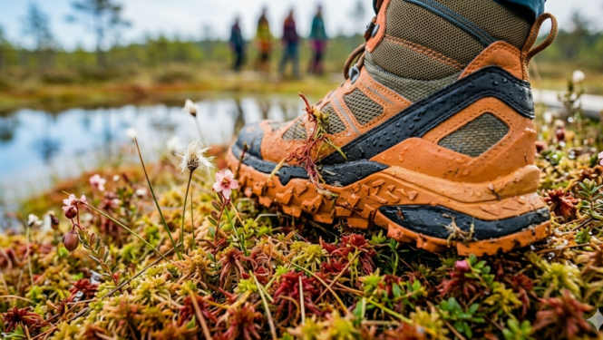 Attēls ar cilvēka kāju pārgājiena apavos purvā