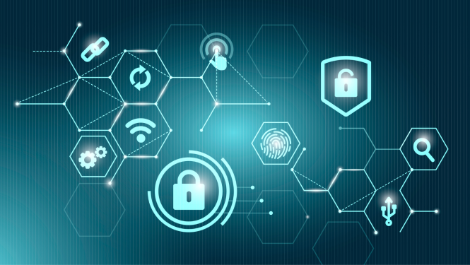 Digitāla ilustrācija ar savienotu tīklu un kiberdrošības simboliem — slēdzenēm, pirkstu nospiedumu, Wi-Fi, atjaunināšanas ikonām un savienojuma elementiem uz zilganzaļa tehnoloģiska fona, kas attēlo datu aizsardzību un drošu tīklu