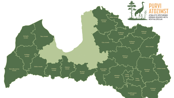 Latvijas kontūra ar Taisnīgas pārkārtošanās fonda teritorijām, kur tiek īstenots projekts