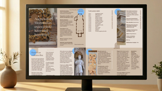 Attēls ar monitoru uz galda, kurā redzams baznīcu kataloga fragments