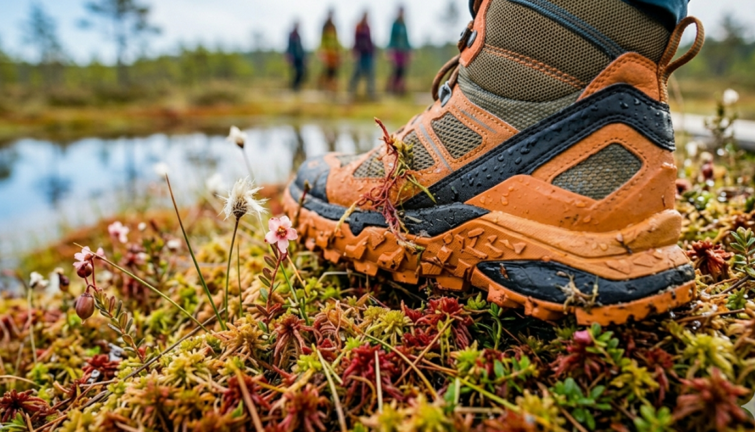 Attēls ar cilvēka kāju pārgājiena apavos purvā