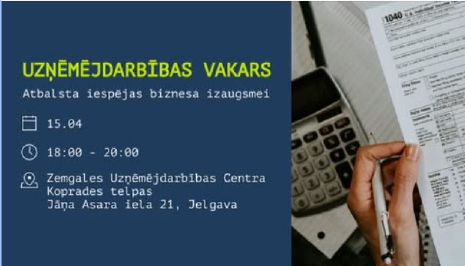 Pasākuma plakāts, kas aicina piedalīties uzņēmējdarbības vakarā 15. aprīlī, Jelgavā
