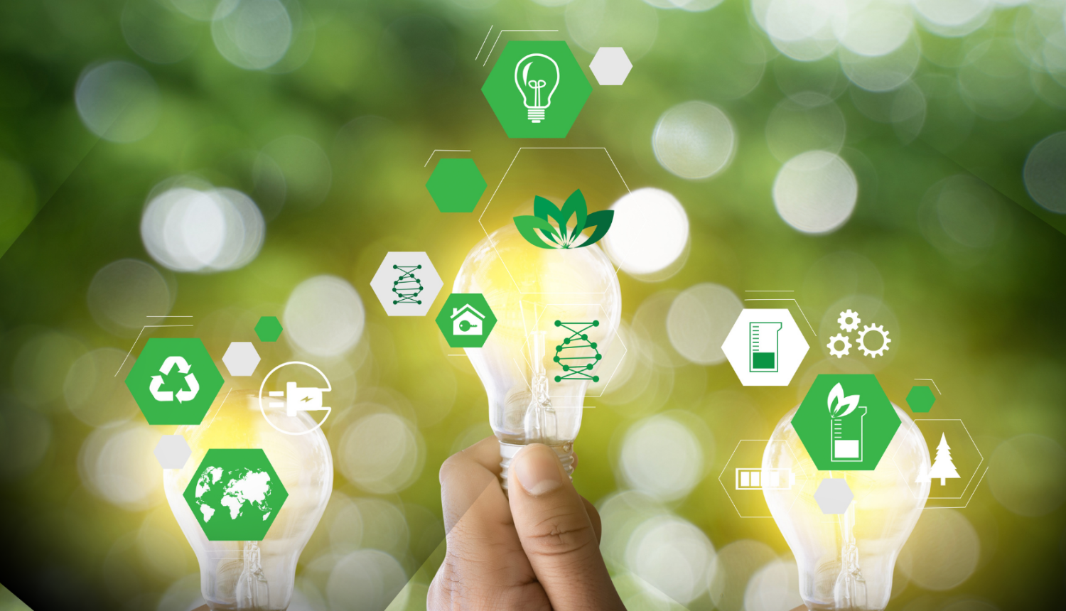 Roka tur spuldzi ar siltu gaismu, bet apkārt redzamas zaļas ekoloģijas un tehnoloģiju ikonas (pārstrāde, DNS, enerģija, daba), kas simbolizē ilgtspējīgu attīstību, inovācijas un zaļo enerģiju uz izplūduša dabas fona.