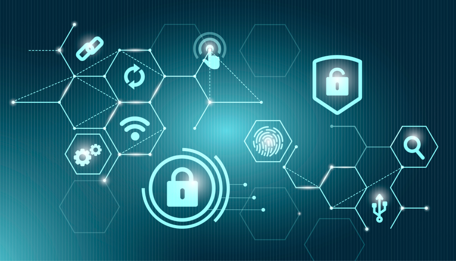 Digitāla ilustrācija ar savienotu tīklu un kiberdrošības simboliem — slēdzenēm, pirkstu nospiedumu, Wi-Fi, atjaunināšanas ikonām un savienojuma elementiem uz zilganzaļa tehnoloģiska fona, kas attēlo datu aizsardzību un drošu tīklu