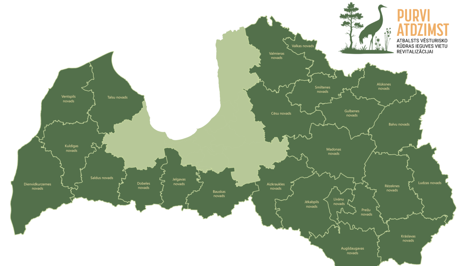 Latvijas kontūra ar Taisnīgas pārkārtošanās fonda teritorijām, kur tiek īstenots projekts