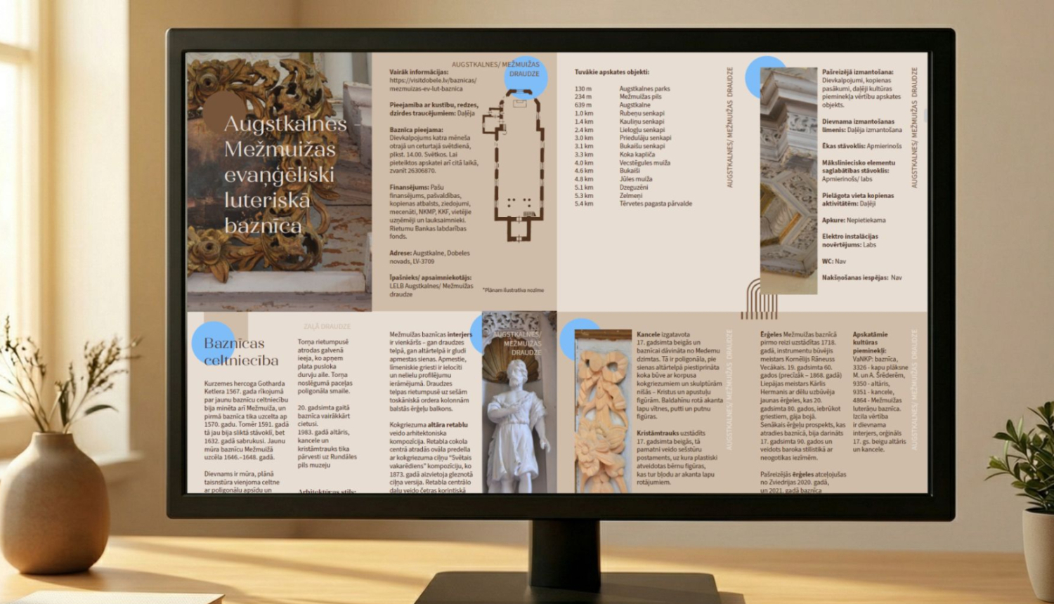 Attēls ar monitoru uz galda, kurā redzams baznīcu kataloga fragments
