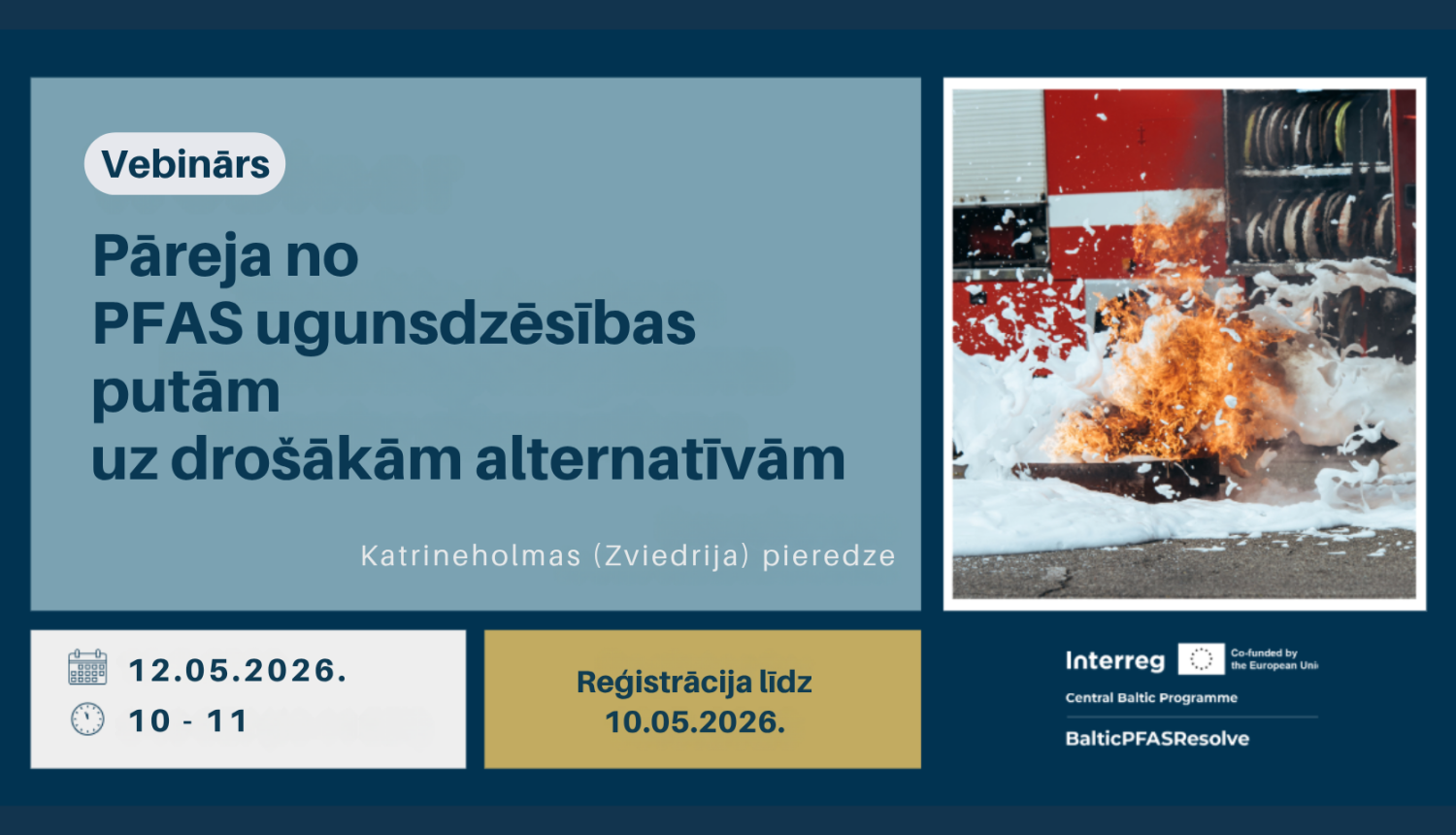 vebināra plakāts - vebinārs par PFAS vielu ugunsdzēsības putās un iespējām tās aizstāt. 